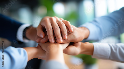 Startup company employee faceless team stacking hand together symbolize successful group of business partnership and strong collective unity teamwork in community workplace panoram