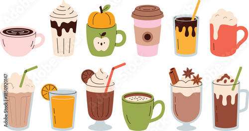 Colorful cafe drinks and coffee mugs with sweet toppings pastel flat vector illustration collection