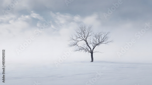 A lone tree stands in a vast snowy landscape under a cloudy sky