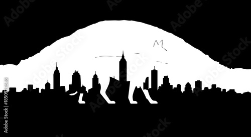 Powerful wolf silhouette emerges from urban skyline against a colossal moon, symbolizing wildness in the city.
