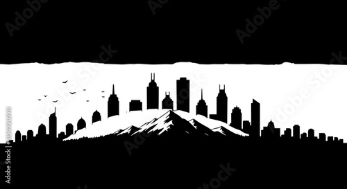 Dynamic modern cityscape emerges from majestic mountain silhouette creating a powerful symbol of urban growth and natural beauty