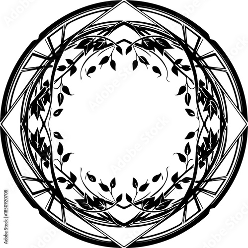 Elegant botanical circular emblem with decorative leaves and geometric frame, perfect for branding and sophisticated design projects.