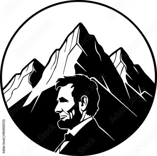 Iconic Abraham Lincoln silhouette set against majestic mountain peaks, embodying leadership and American heritage in a bold circular design.