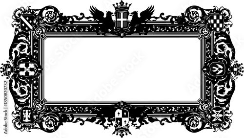 Elegant ornate crest frame with heraldic symbols offers timeless grandeur for sophisticated designs and official documents