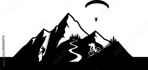 Dynamic mountain adventure scene with rock climber, mountain biker, and paraglider capturing thrilling outdoor sports excitement and freedom