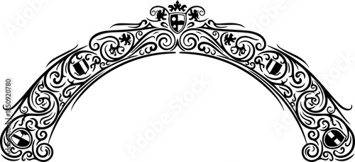 Elegant ornate black decorative flourish with crests creating a classic architectural archway for formal invitations or vintage designs