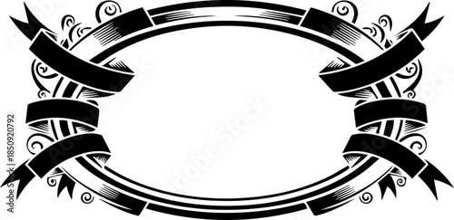 Elegant ornate black ribbon frame design for awards or invitations with decorative flourishes and swirls