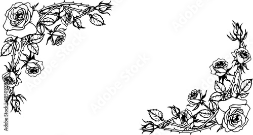 Elegant hand drawn rose corner embellishments evoke vintage romance perfect for invitations cards and decorative designs