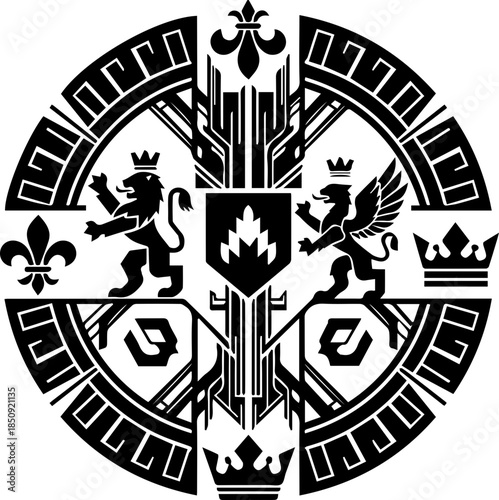 Elegant heraldic emblem featuring lions griffins fleur de lis crowns and central crest symbolizing power prestige and heritage for sophisticated branding
