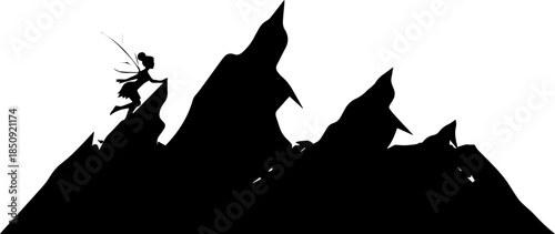 Magical fairy ascends jagged mountain peaks, soaring towards adventure and discovery in a whimsical, enchanting silhouette scene