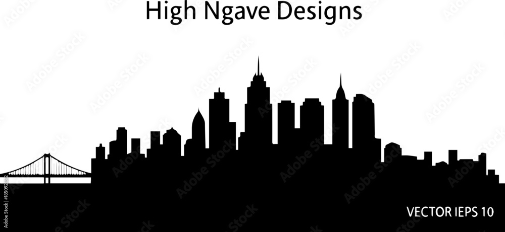 Obraz premium Captivating city skyline silhouette featuring iconic skyscrapers and a majestic bridge, perfect for urban branding and architectural projects