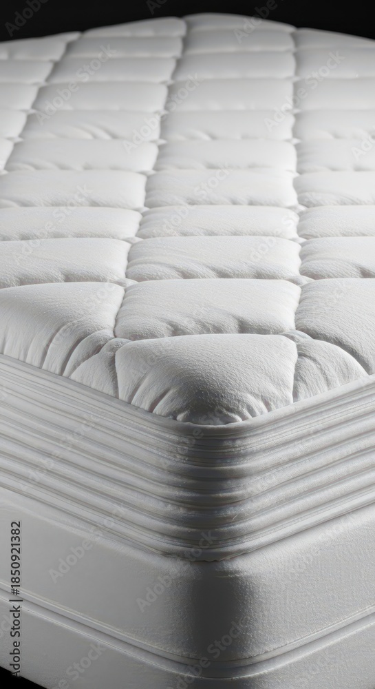 Fototapeta premium A luxurious white mattress featuring plush layers and soft textures, ready for comfortable, deep, peaceful sleep and total rest, mattress, bed, undisturbed