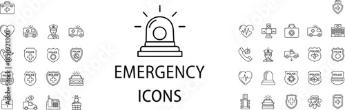 Emergency and Public Safety Line Icon Set Featuring Police Badges Ambulances Siren Lights Medical First Aid Kits Hospital Symbols and Urgent Care Response Graphics (Exactly 24 words)