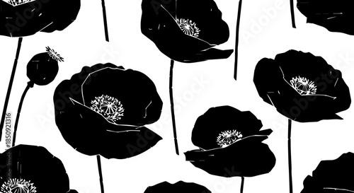 Elegant silhouette poppy flowers blooming with delicate detail, creating a timeless floral pattern for sophisticated designs and natural beauty.