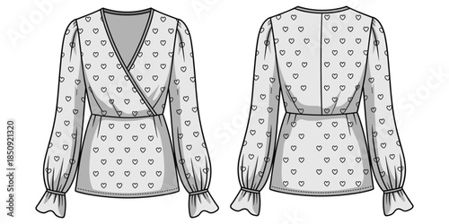 Fashion flat sketch of a long-sleeved wrap blouse with heart print and ruffled cuffs front and back long sleeve