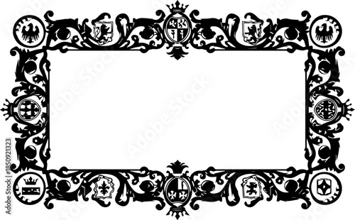Elegant vintage ornamental frame with heraldic crests, perfect for adding a regal touch to documents, invitations, or signage with timeless sophistication.