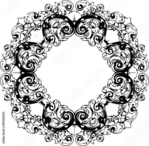 Elegant antique decorative frame with intricate swirling baroque flourishes for timeless luxury invitations, stationery, and sophisticated branding elements.