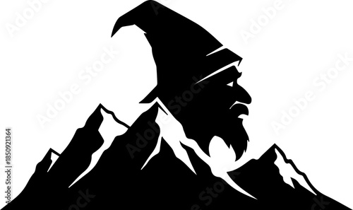 Mysterious ancient wizard profile emerges from rugged mountain peaks, inspiring adventure and fantasy.