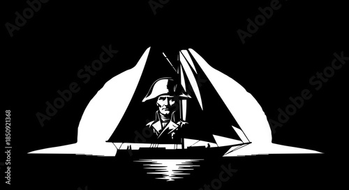 Historic naval captain steers grand sailing ship through dramatic stormy sea passage, embodying adventure and maritime exploration