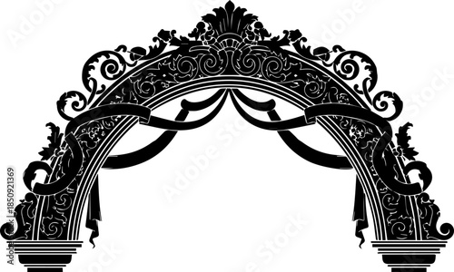 Elegant ornate archway flourish with intricate scrollwork and flowing ribbons, perfect for grand entrances and decorative accents