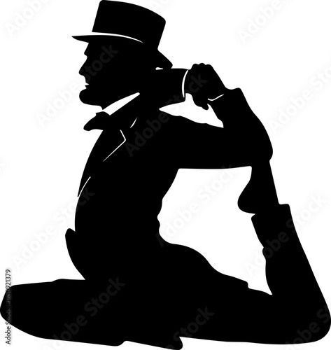 Dapper gentleman in formal attire masterfully performs a challenging yoga pose demonstrating balance and strength.
