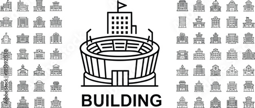 Modern Building Line Icon Set Featuring Stadiums Skyscrapers Hospitals Schools Houses Government Offices and Urban Architectural Symbols for City Planning and Real Estate Design (Exactly 24 words)