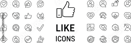 Social Media Like and Feedback Line Icon Set Featuring Thumbs Up Hearts User Approval Symbols Recommendation Ratings and Customer Satisfaction Graphics for Web Interface
