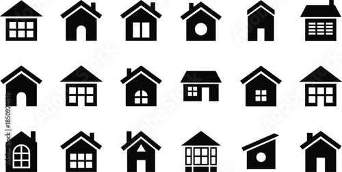 Black house icons, residential architecture symbols, urban planning elements, stylized homes, vector design, real estate graphics, modern housing illustrations, minimal silhouettes