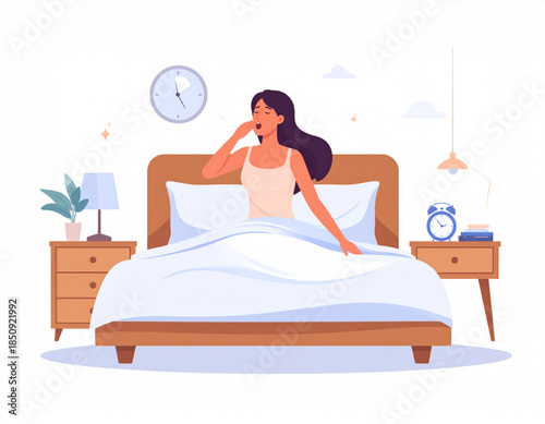 An illustration of a woman waking up in bed, yawning and stretching, in a cozy bedroom.