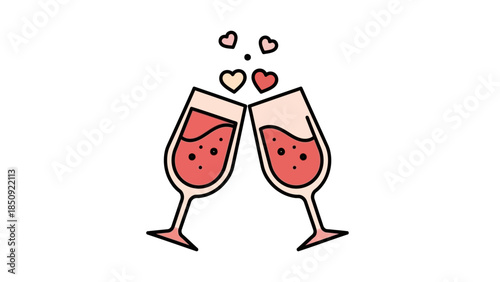 Two champagne glasses clinking together with hearts floating above them.
