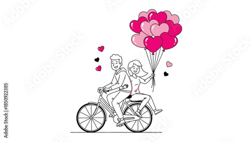 Happy couple riding bike with heart balloons line art vector for Valentine