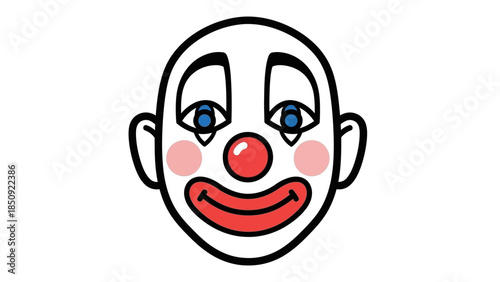 A close-up illustration of a sad clown's face with blue eyes and red nose.