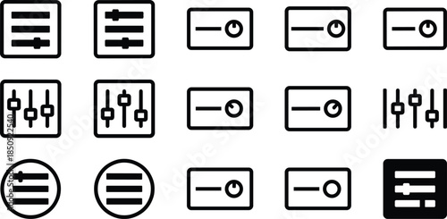 Minimalist audio control icons, black and white UI elements, volume sliders, sound knobs, interface symbols, settings panel graphics, modern design