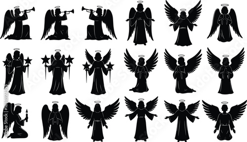 angel, silhouette, collection, winged, guardian, celestial, spiritual, heavenly, illustration, black, white, icon, set, religious, fantasy, divine, symbol, holy, messenger,