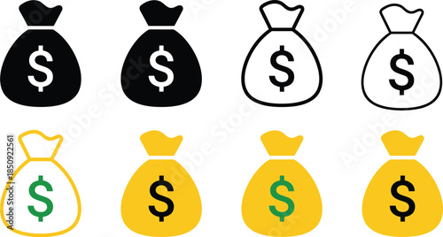 Money bag icons, financial symbols, dollar sign graphics, wealth illustration, banking concept, investment design, currency art, finance clipart, savings icons, economic visuals