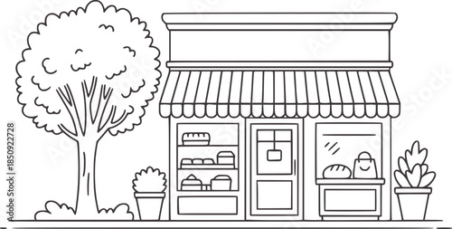 Black and white line of a small shop with awning and potted plants