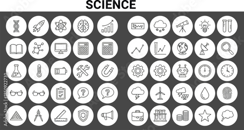 Science icons, technology symbols, laboratory tools, DNA, atom, microscope, innovation, research, education, chemistry, physics, biology, astronomy, data, experiment, discovery