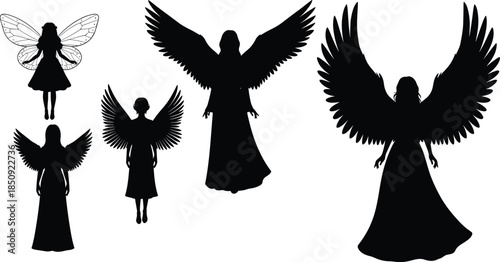 Black angel silhouettes with wings, fairy and guardian angel shapes, spiritual fantasy figures, flying heavenly beings, decorative mystical illustration isolated on white background