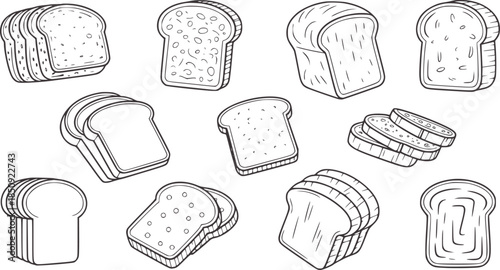 Black and white line of various sliced bread loaves