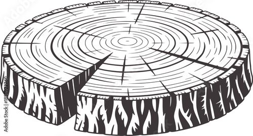 Cross section of a tree trunk showing growth rings in black and white line