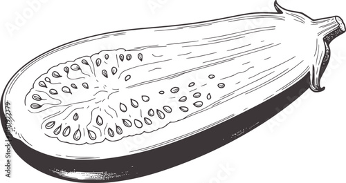 Detailed black and white line of a halved passion fruit with seeds