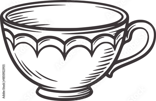 Hand drawn teacup with scalloped edge and curved handle line