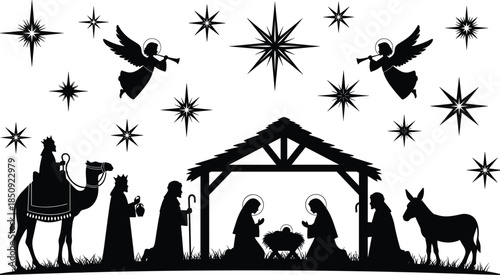 Nativity scene silhouette with holy family, baby Jesus in manger, Mary Joseph angels stars wise men camel donkey Christmas Christian religious illustration