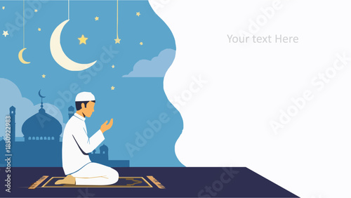 Man praying with mosque and crescent moon background