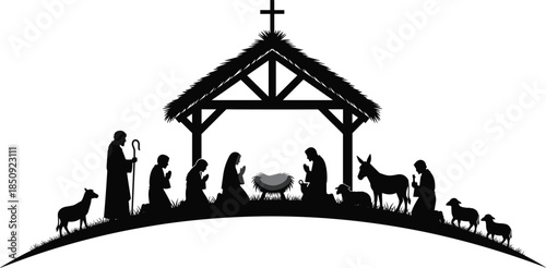 Nativity scene silhouette, birth of Jesus Christ, Christmas manger illustration, Mary Joseph baby Jesus, holy family worship, 