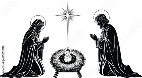 Nativity scene illustration of Holy Family with baby Jesus Mary Joseph praying under Bethlehem star Christmas Christian religious vector art black white line drawing