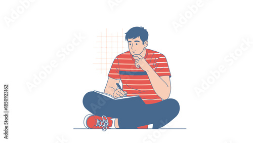 Young man sitting cross-legged on the floor thinking and writing notes in a minimalistic style