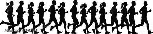 Running, people, silhouettes, jogging, marathon, group, fitness, training, exercise, black, icons, isolated, white, background, sport, motion, endurance, health, lifestyle, 