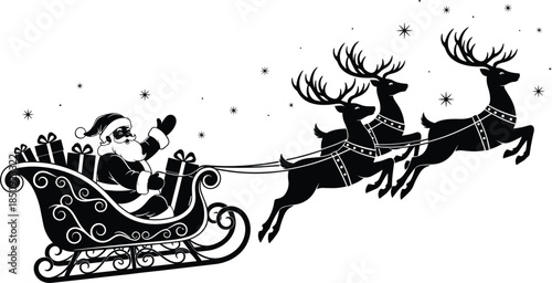 Santa Claus flying sleigh with reindeer silhouette, Christmas night winter holiday illustration festive xmas celebration seasonal greeting card design snowy sky magic tradition vector