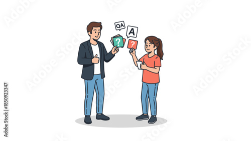 Illustration of a man and woman exchanging questions and answers representing communication and